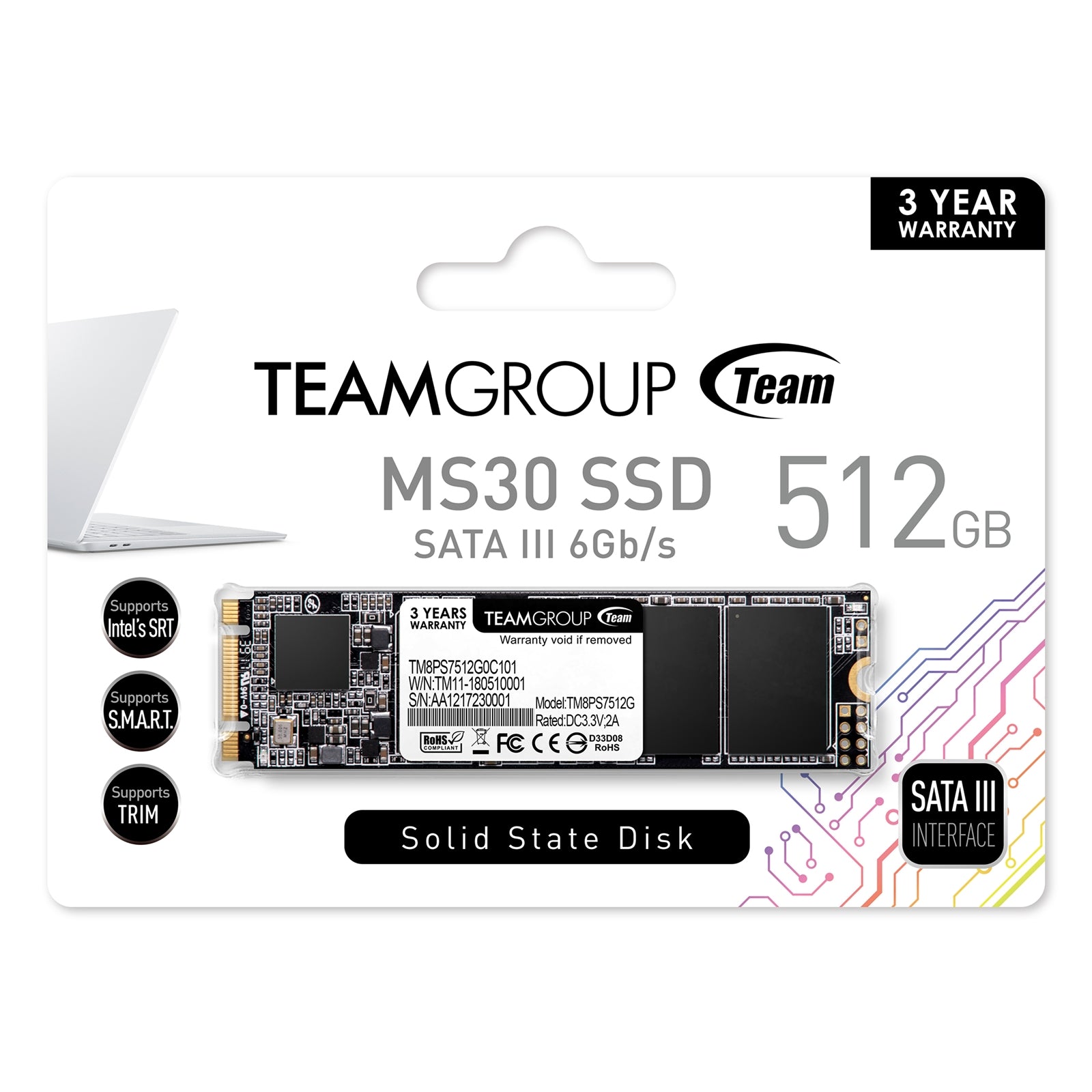 Team MS30 (TM8PS7512G0C101) 512GB, M.2 Sata Interface, Read 550MB/s, Write 480MB/s, 3 Year Warranty