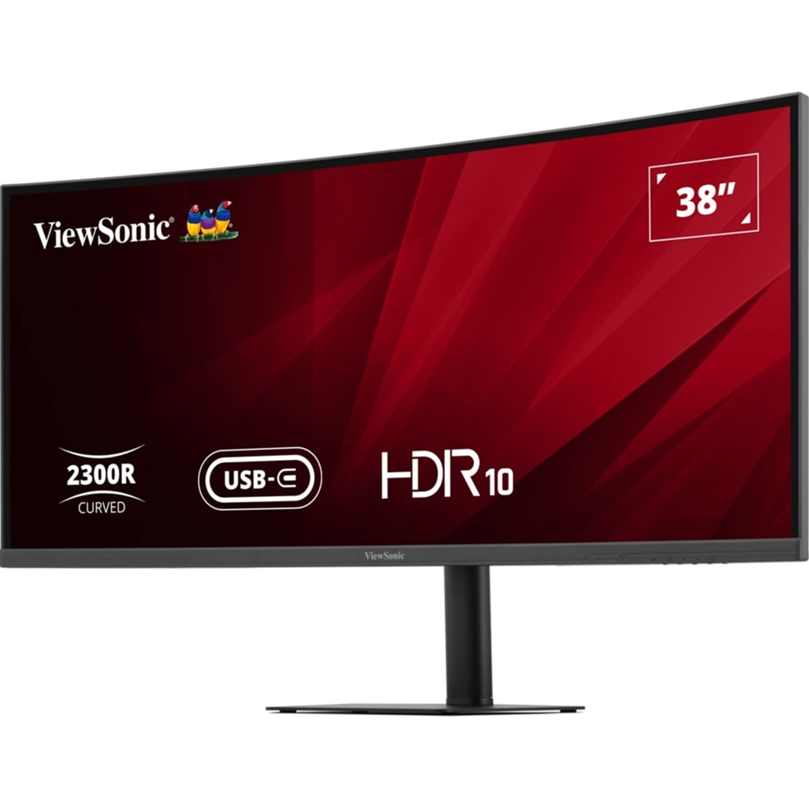 ViewSonic VA3820C 38-inch ultrawide curved monitor with USB-C, HDMI, DisplayPort, speakers, height adjustment, and black finish.