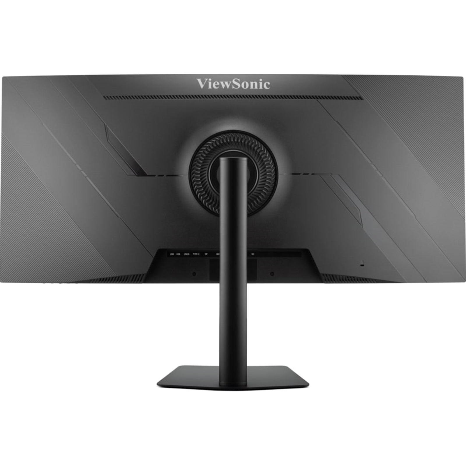 ViewSonic VA3820C 38-inch ultra-wide curved monitor with USB-C hub, HDMI, DisplayPort, speakers, and adjustable height in black.