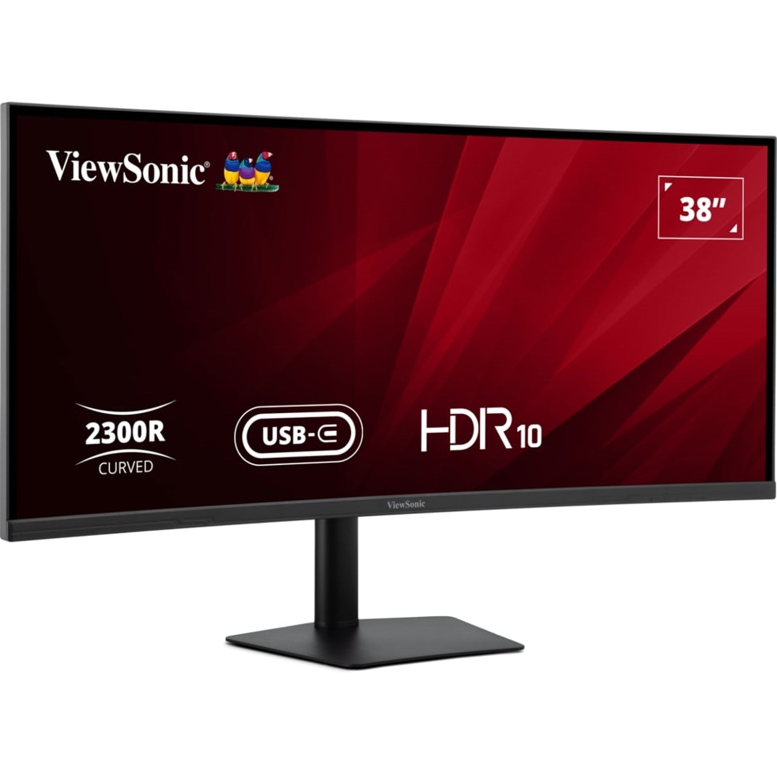 ViewSonic VA3820C 38-inch ultra-wide curved LED monitor with USB-C hub, HDMI, DisplayPort, speakers, height adjustment, black.