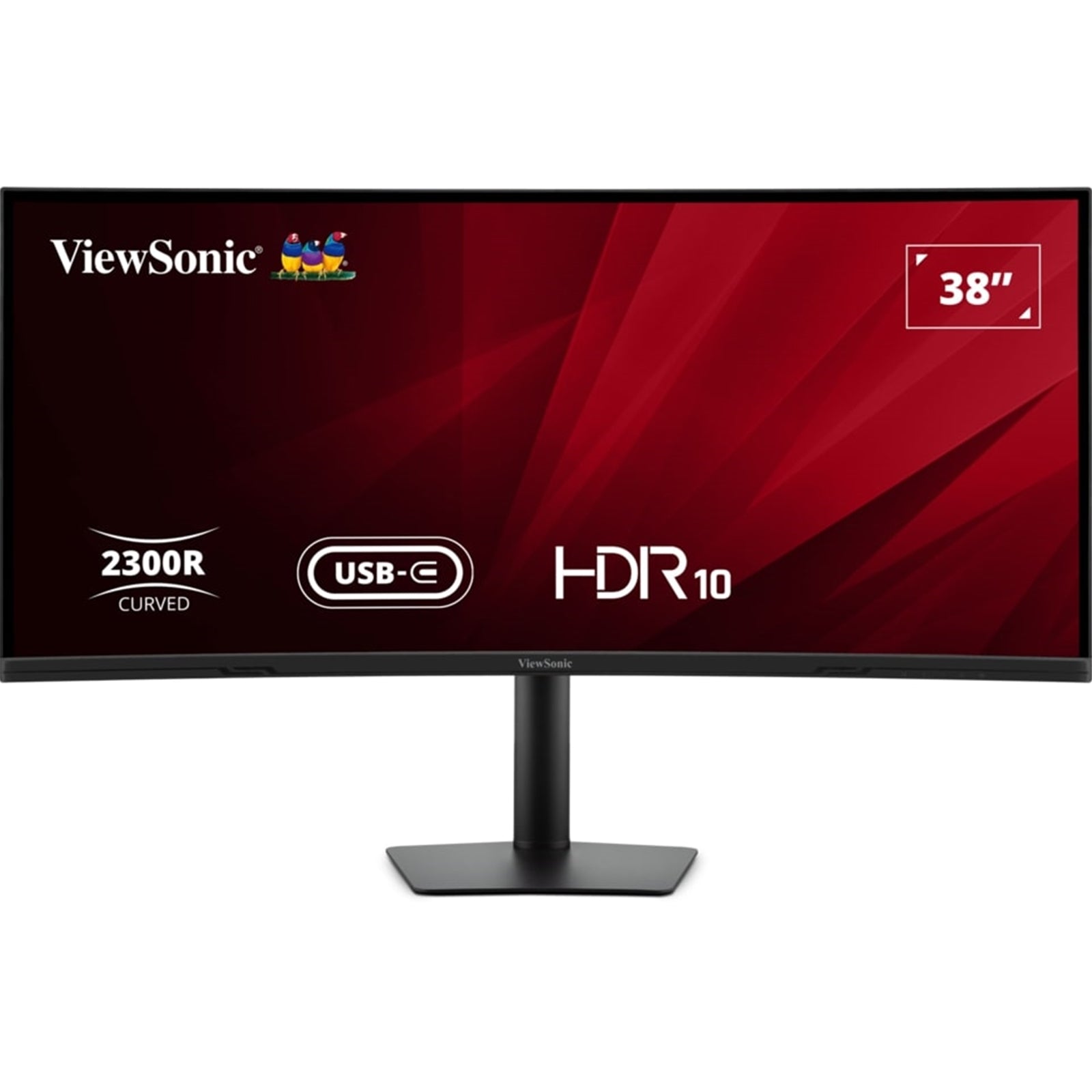 ViewSonic VA3820C 38-inch ultra-wide curved monitor with USB-C, HDMI, DisplayPort, speakers, and height adjustment in black.